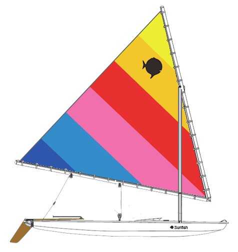 Sunfish sailboat drawing with colorful sail